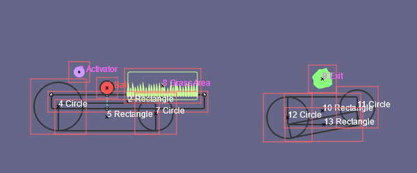 A screenshot of the same level, this time with a bunch of debug information