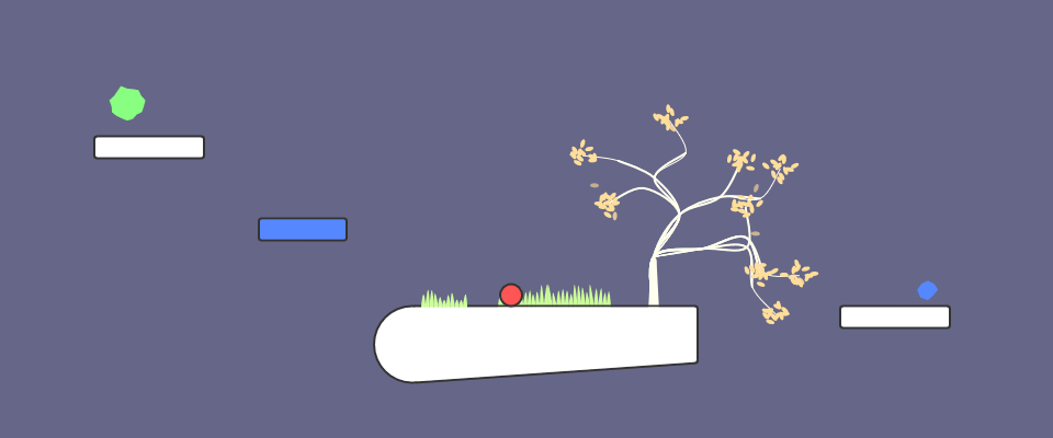 A screenshot of a level from the game. A red ball sits on a platform with grass and a tree. Various puzzle elements are around it.