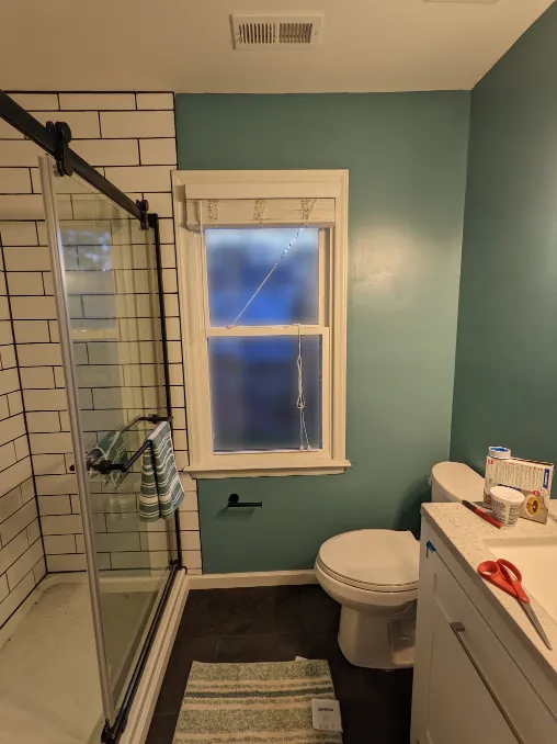 A toilet has been installed in the corner, as well as a toilet paper holder