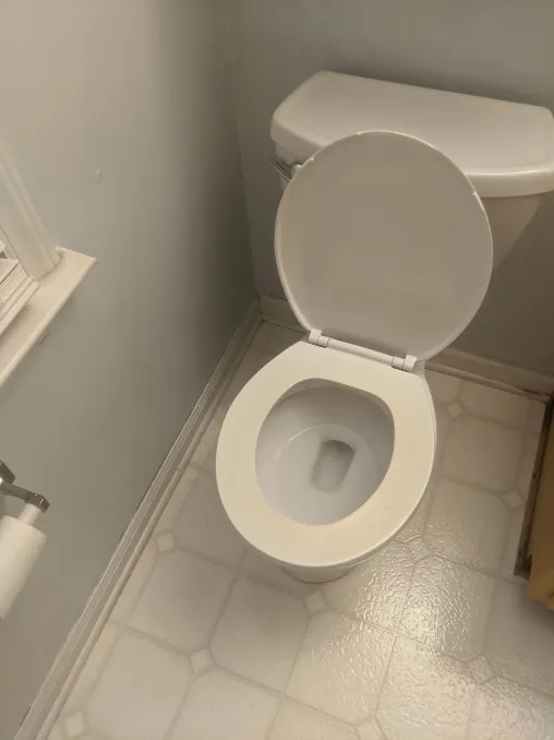 A standard old toilet, surrounded by mild water damage
